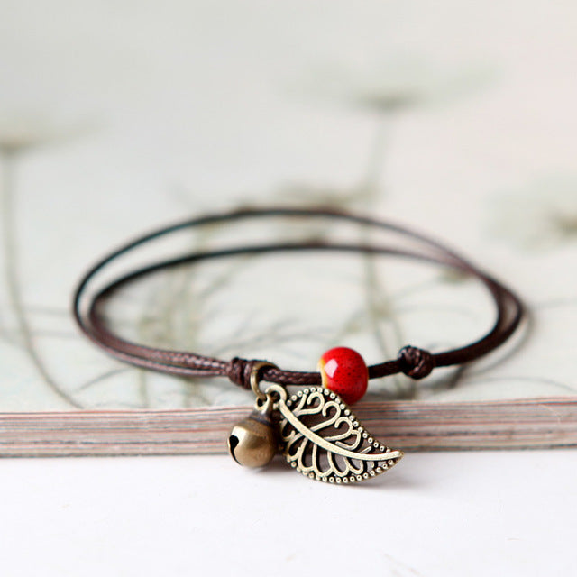 Ceramic Leaf Beaded Bracelet - Unisex Pendant Rope