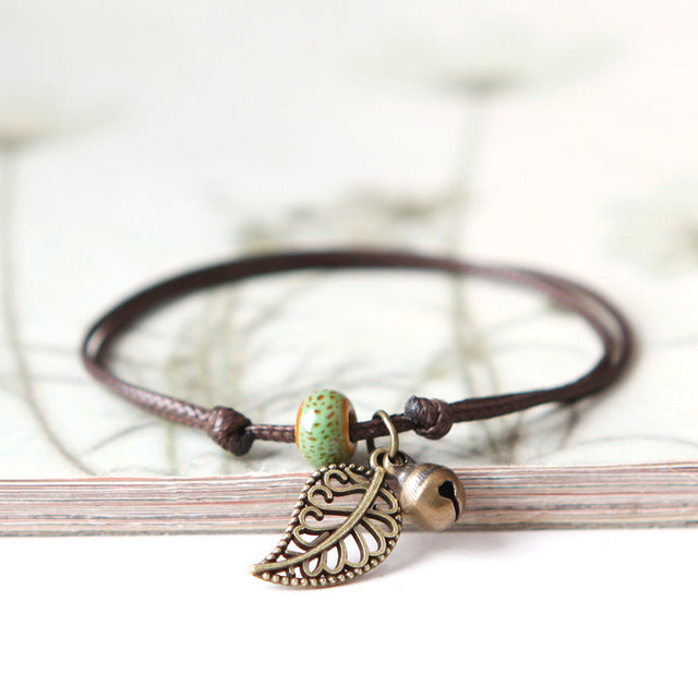 Ceramic Leaf Beaded Bracelet - Unisex Pendant Rope