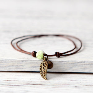 Ceramic Leaf Beaded Bracelet - Unisex Pendant Rope