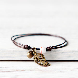 Ceramic Leaf Beaded Bracelet - Unisex Pendant Rope