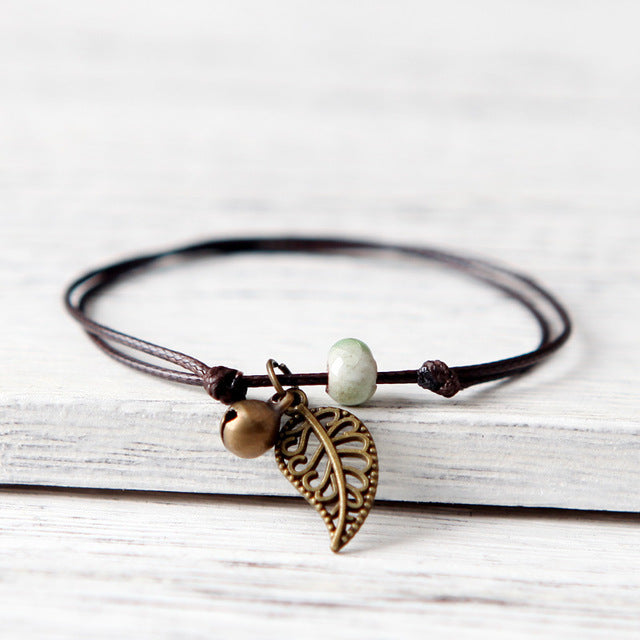 Ceramic Leaf Beaded Bracelet - Unisex Pendant Rope