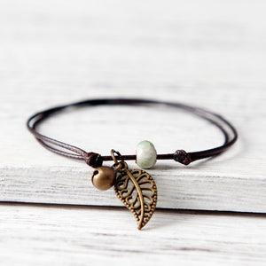 Ceramic Leaf Beaded Bracelet - Unisex Pendant Rope