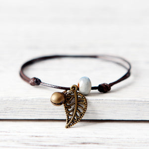 Ceramic Leaf Beaded Bracelet - Unisex Pendant Rope