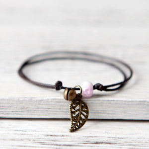 Ceramic Leaf Beaded Bracelet - Unisex Pendant Rope