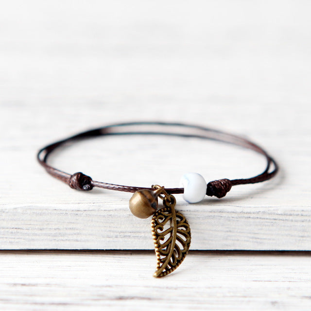 Ceramic Leaf Beaded Bracelet - Unisex Pendant Rope