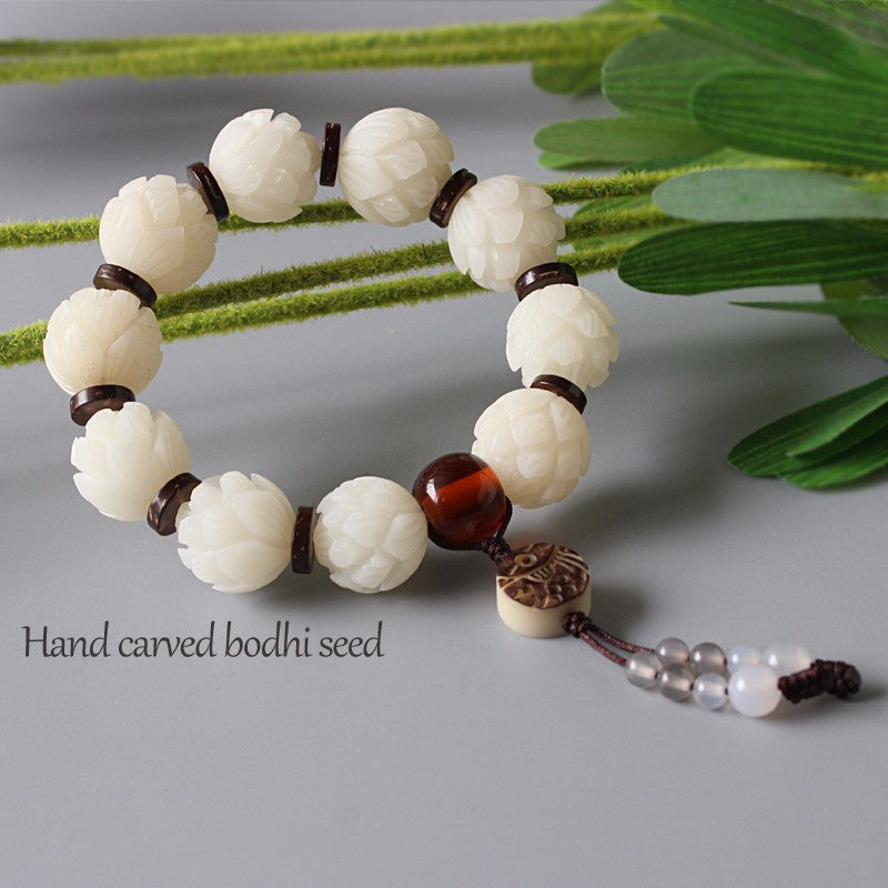 Hand-carved Lotus Beads Bracelet - "Pure White Lotuses"