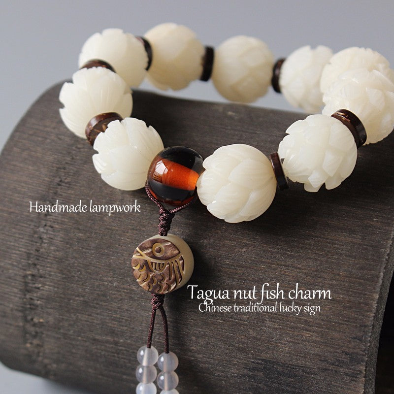Hand-carved Lotus Beads Bracelet - "Pure White Lotuses"