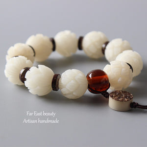Hand-carved Lotus Beads Bracelet - "Pure White Lotuses"