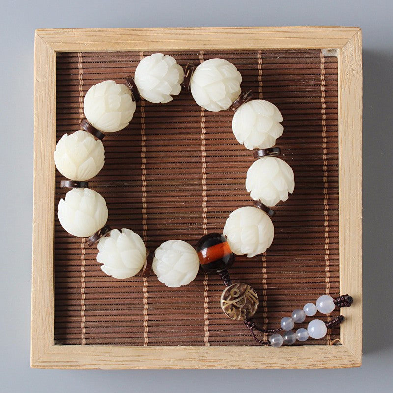 Hand-carved Lotus Beads Bracelet - "Pure White Lotuses"