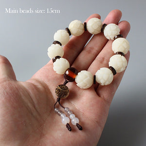 Hand-carved Lotus Beads Bracelet - "Pure White Lotuses"