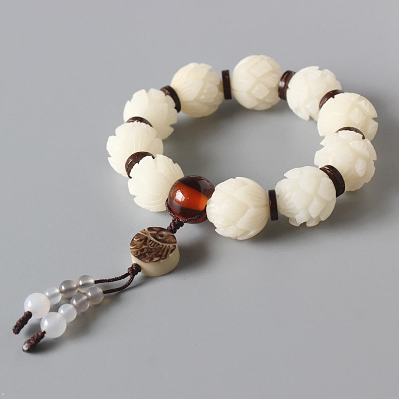 Hand-carved Lotus Beads Bracelet - "Pure White Lotuses"