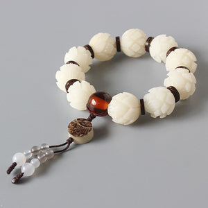 Hand-carved Lotus Beads Bracelet - "Pure White Lotuses"