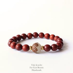 Handmade Red Sanders & White Bodhi Carved Lotus Bracelet For
